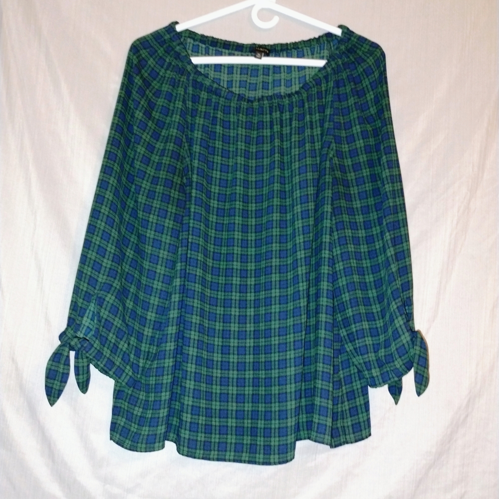 XL Off The Shoulder Talbots Green and Blue Plaid Blouse
